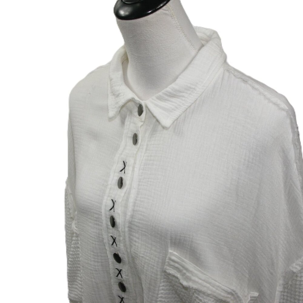 Pol White Multi-Media Button Front Oversized Blou… - image 2